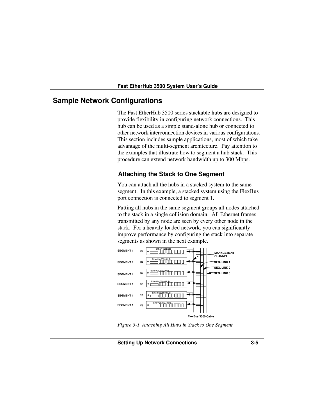 Accton Technology 12i, 12mi SNMP manual Sample Network Configurations, Attaching the Stack to One Segment 