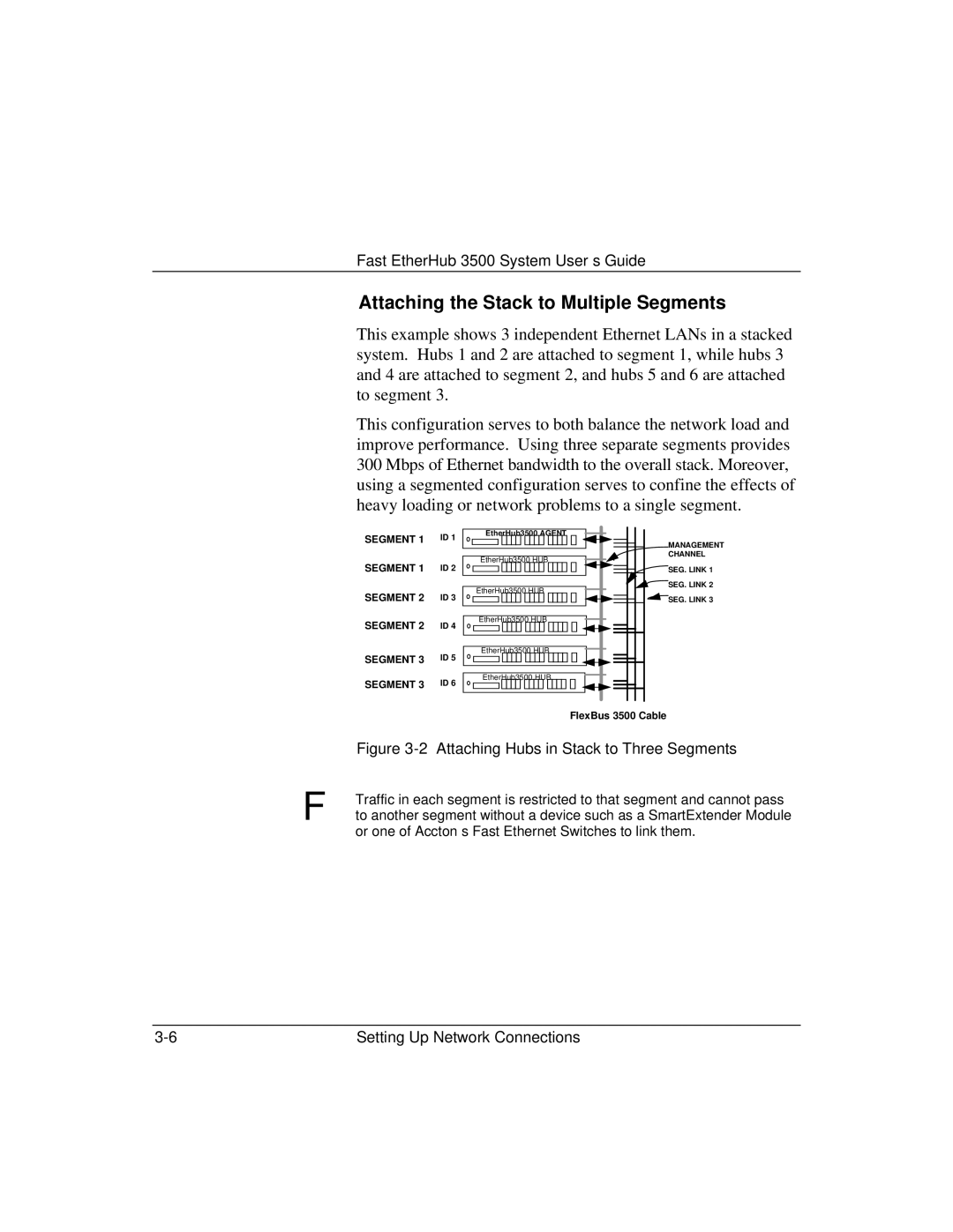 Accton Technology 12mi SNMP, 12i manual Attaching the Stack to Multiple Segments, Attaching Hubs in Stack to Three Segments 