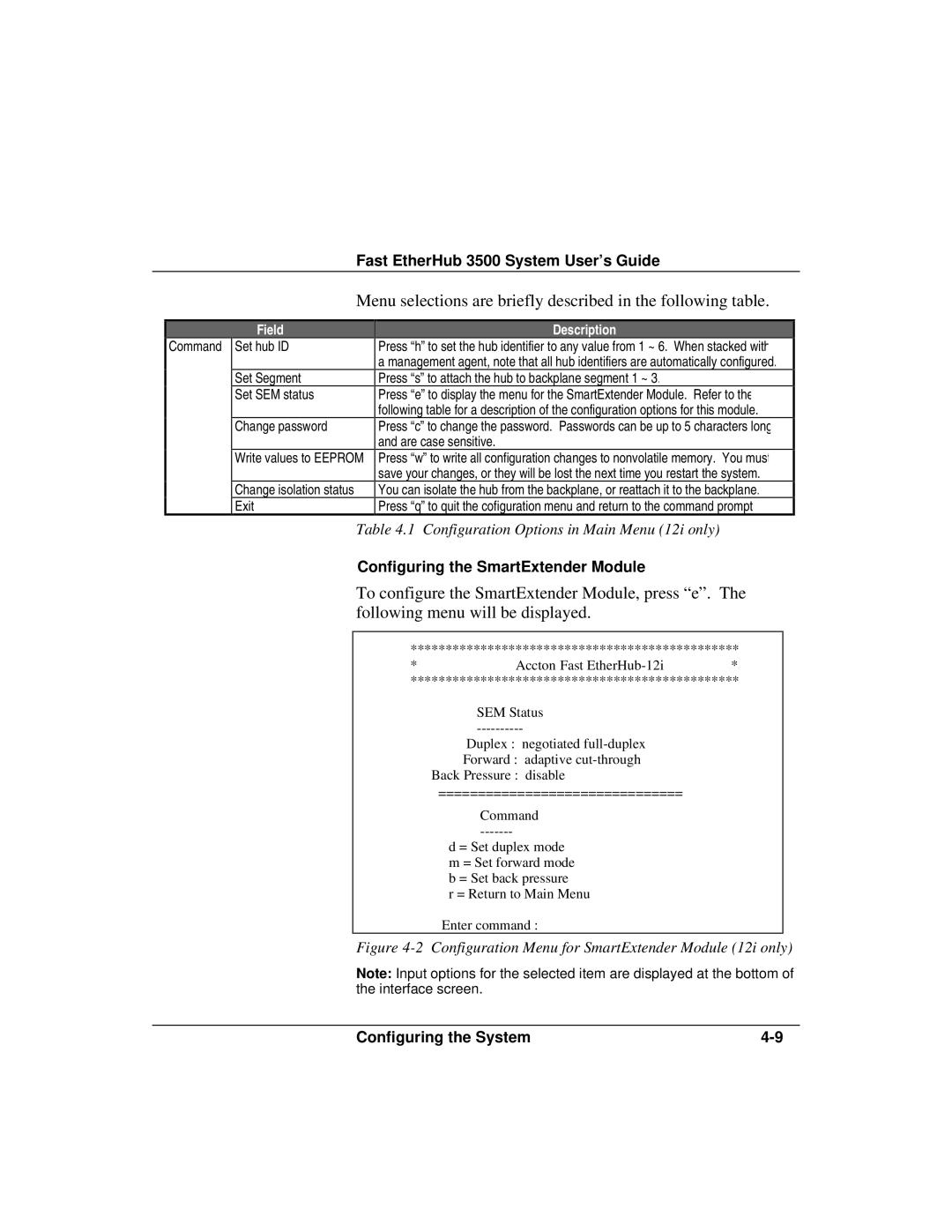 Accton Technology 12mi SNMP, 12i manual Menu selections are briefly described in the following table 