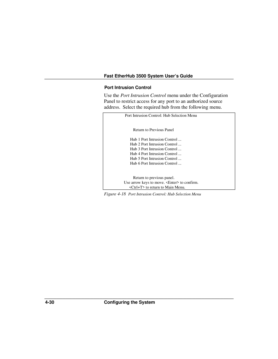 Accton Technology 12i, 12mi SNMP manual 18Port Intrusion Control Hub Selection Menu 