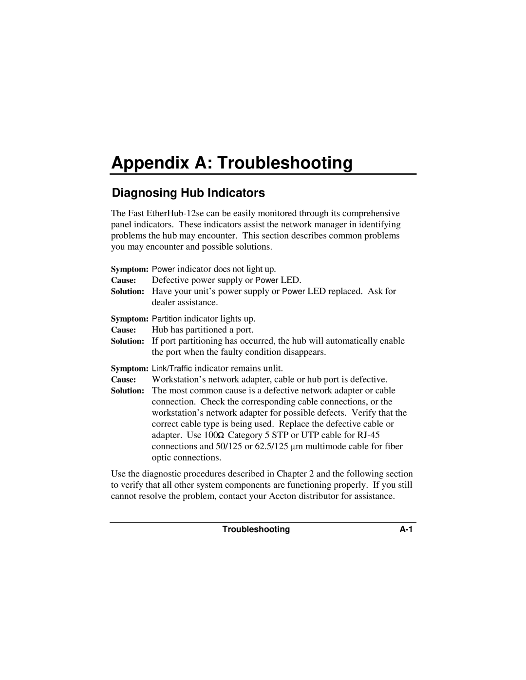 Accton Technology 12se manual Appendix a Troubleshooting, Diagnosing Hub Indicators 