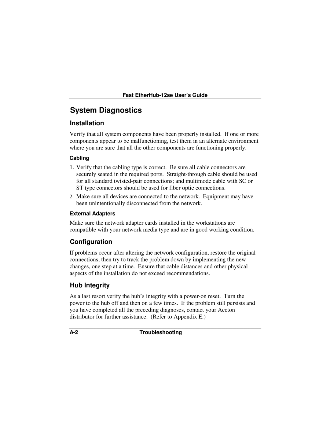 Accton Technology 12se manual System Diagnostics, Installation, Configuration, Hub Integrity 