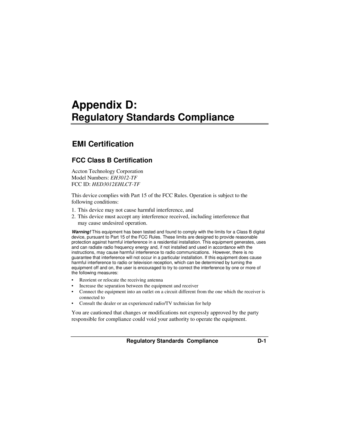 Accton Technology 12se manual Appendix D, EMI Certification, FCC Class B Certification 