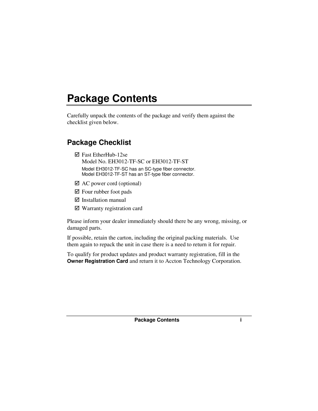 Accton Technology 12se manual Package Contents 