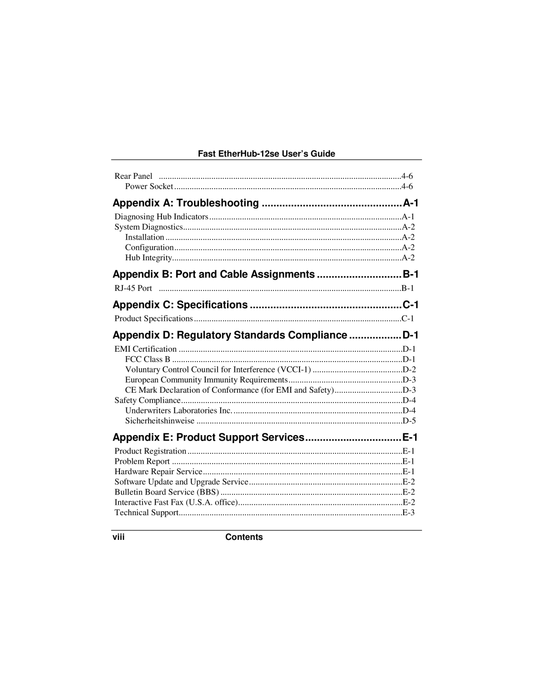 Accton Technology 12se manual Appendix a Troubleshooting, Appendix B Port and Cable Assignments, Appendix C Specifications 