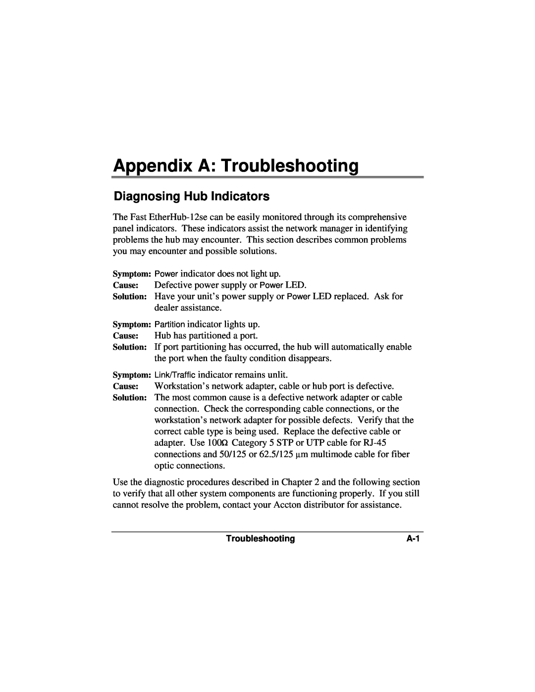 Accton Technology 12se manual Appendix A Troubleshooting, Diagnosing Hub Indicators 