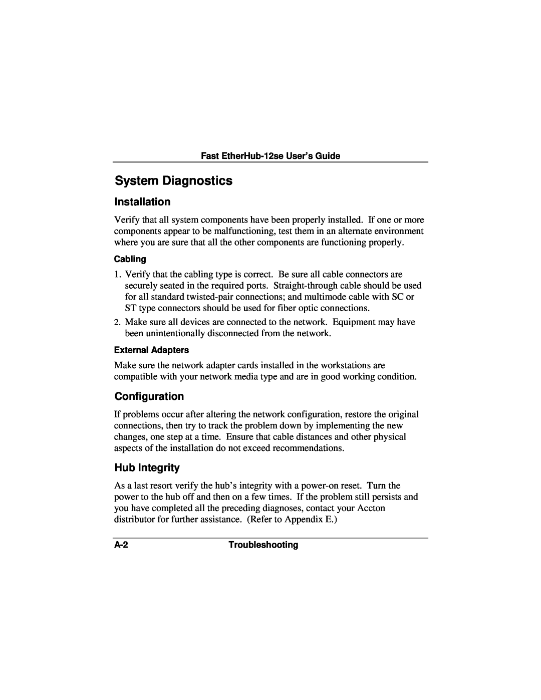 Accton Technology 12se manual System Diagnostics, Installation, Configuration, Hub Integrity 