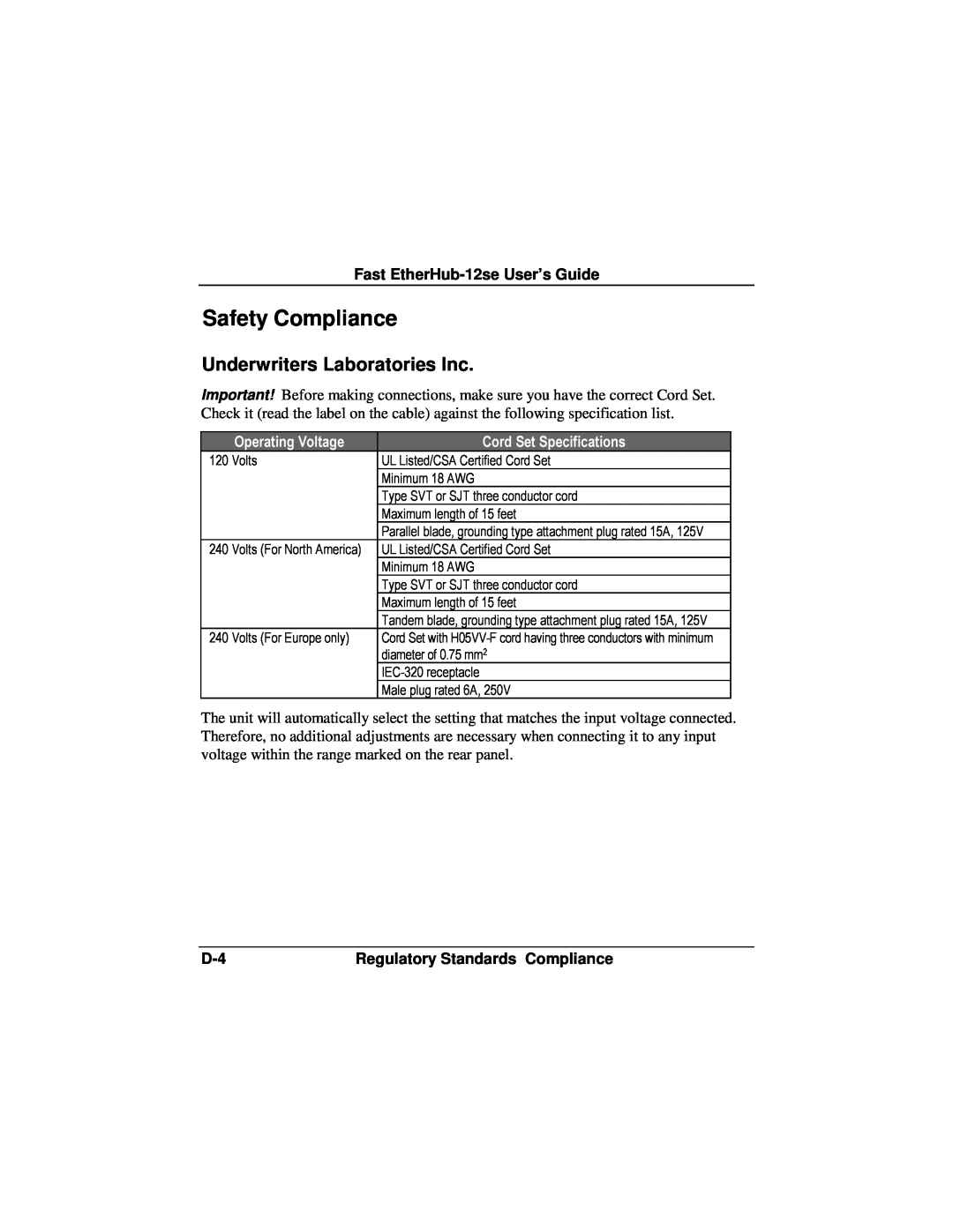 Accton Technology manual Safety Compliance, Fast EtherHub-12se User’s Guide, 2SHUDWLQJ9ROWDJH, RUG6HW6SHFLILFDWLRQV 