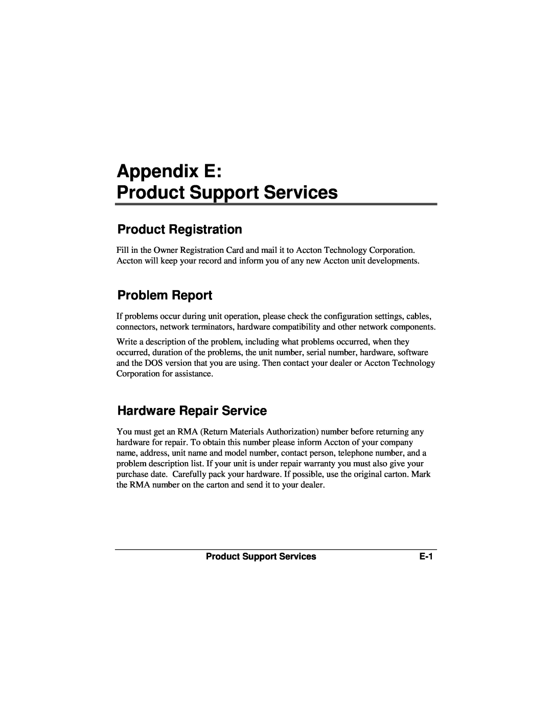 Accton Technology 12se Appendix E Product Support Services, Product Registration, Problem Report, Hardware Repair Service 