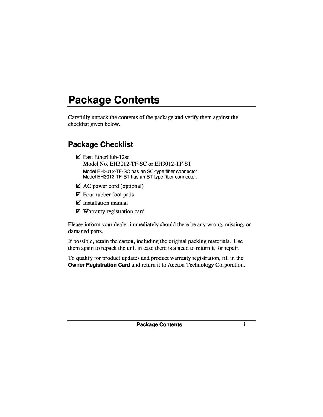 Accton Technology 12se manual Package Contents, Package Checklist 