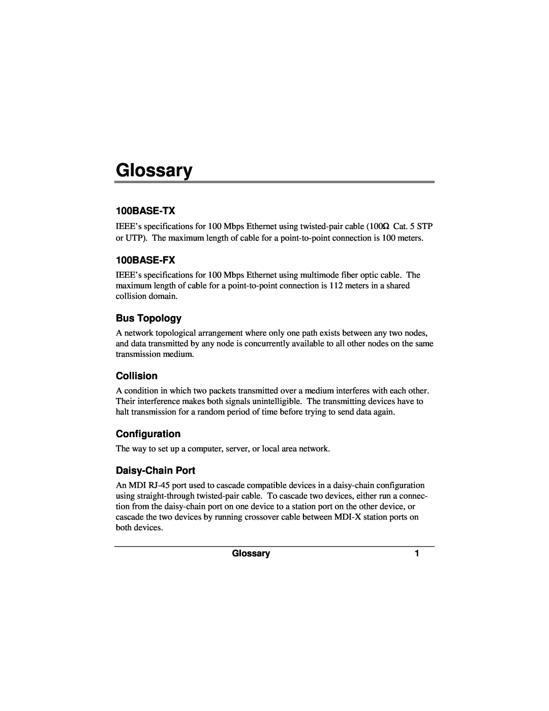 Accton Technology 12se manual Glossary, 100BASE-TX, 100BASE-FX, Bus Topology, Collision, Configuration, Daisy-Chain Port 