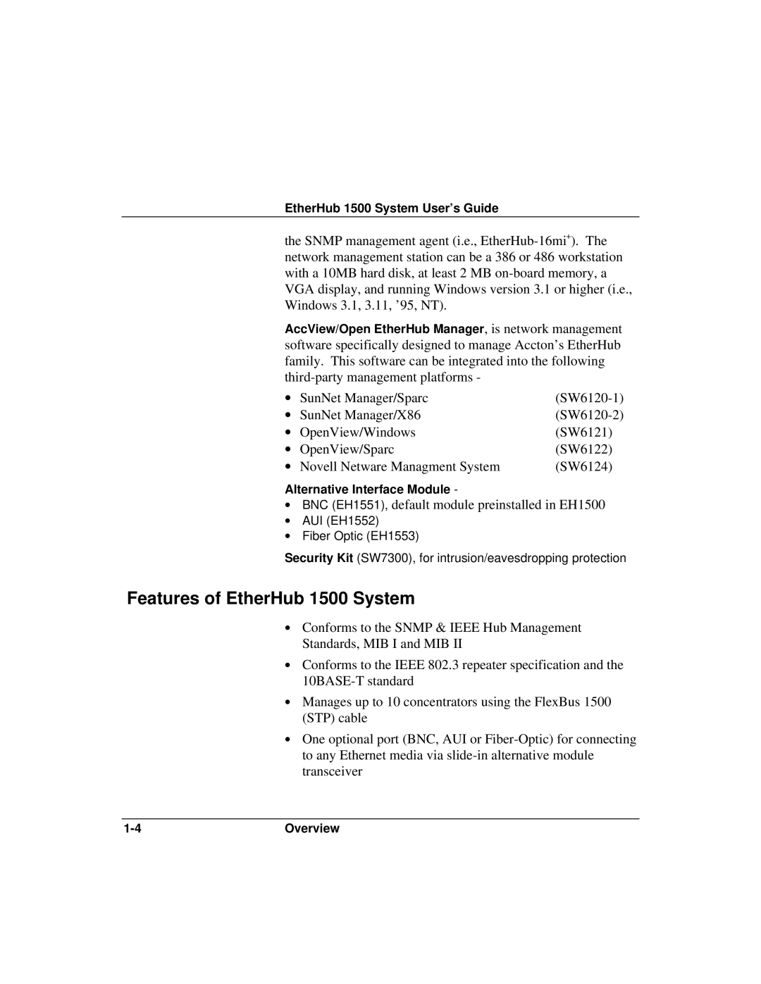 Accton Technology manual Features of EtherHub 1500 System, ∙ BNC EH1551, default module preinstalled in EH1500 