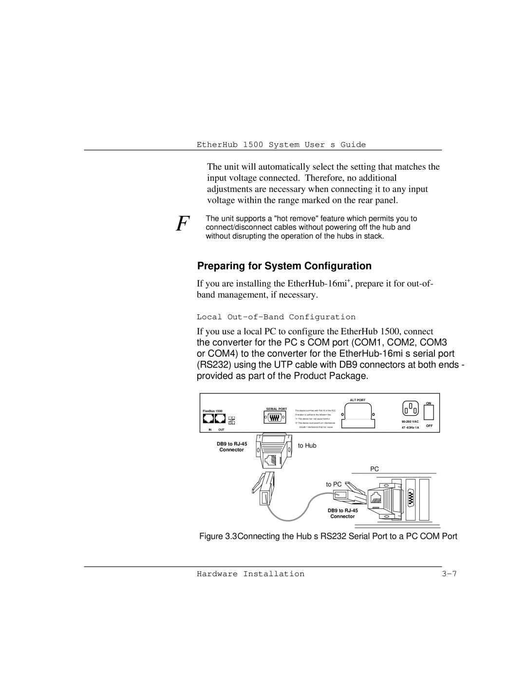 Accton Technology 1500 manual Preparing for System Configuration, Connecting the Hub’s RS232 Serial Port to a PC COM Port 