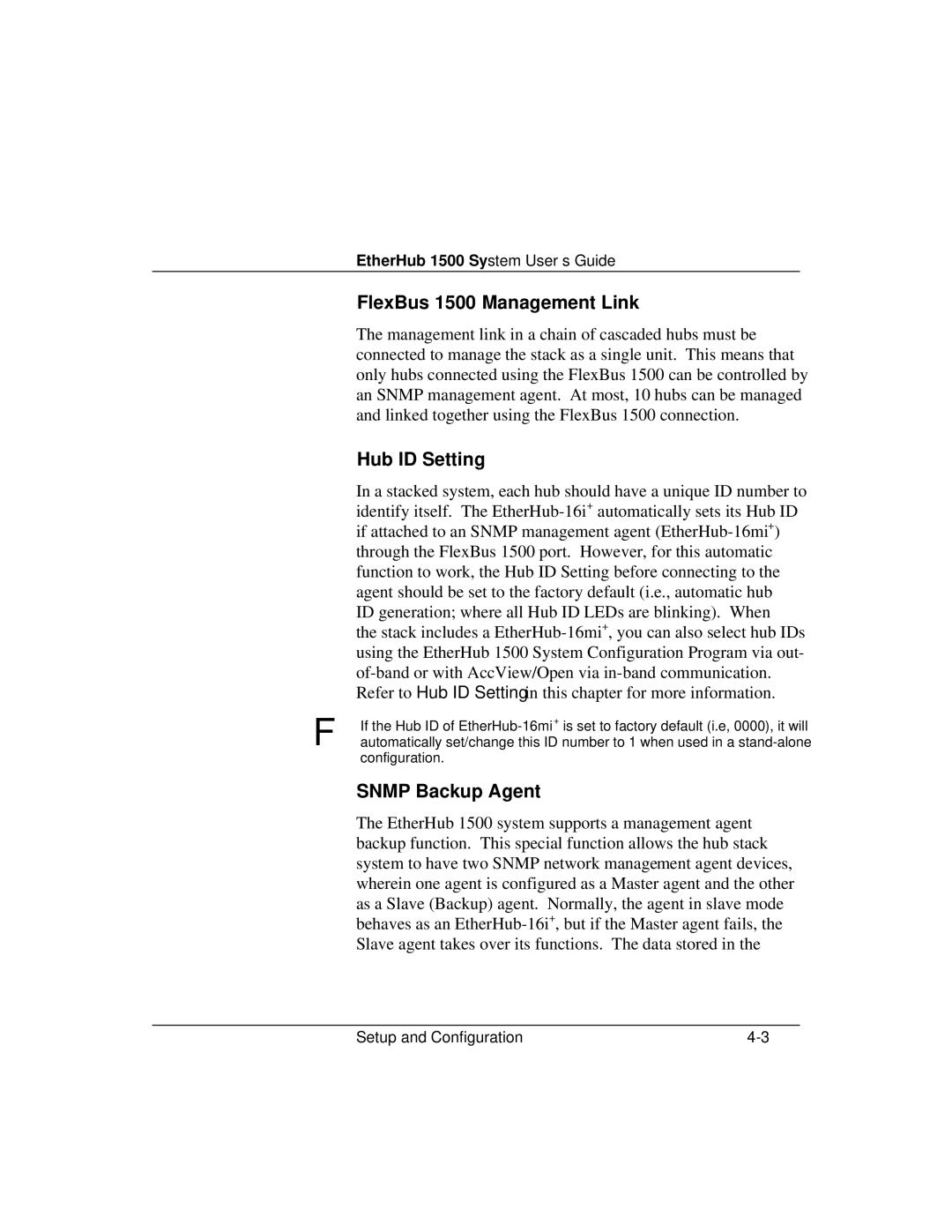 Accton Technology manual FlexBus 1500 Management Link, Hub ID Setting, Snmp Backup Agent 