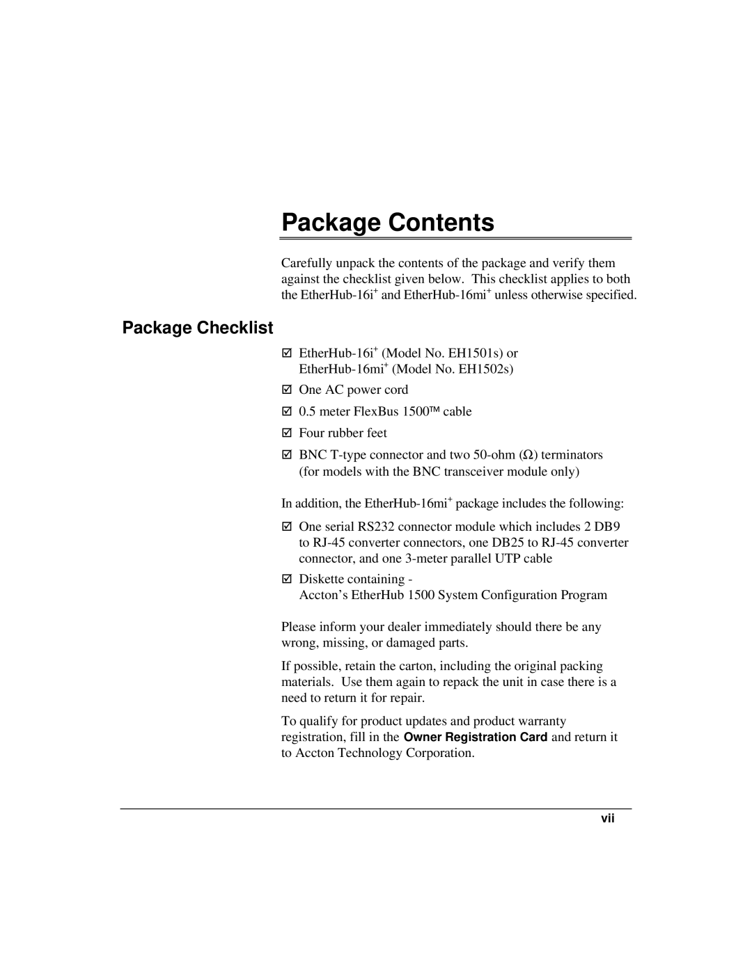 Accton Technology 1500 manual Package Contents 