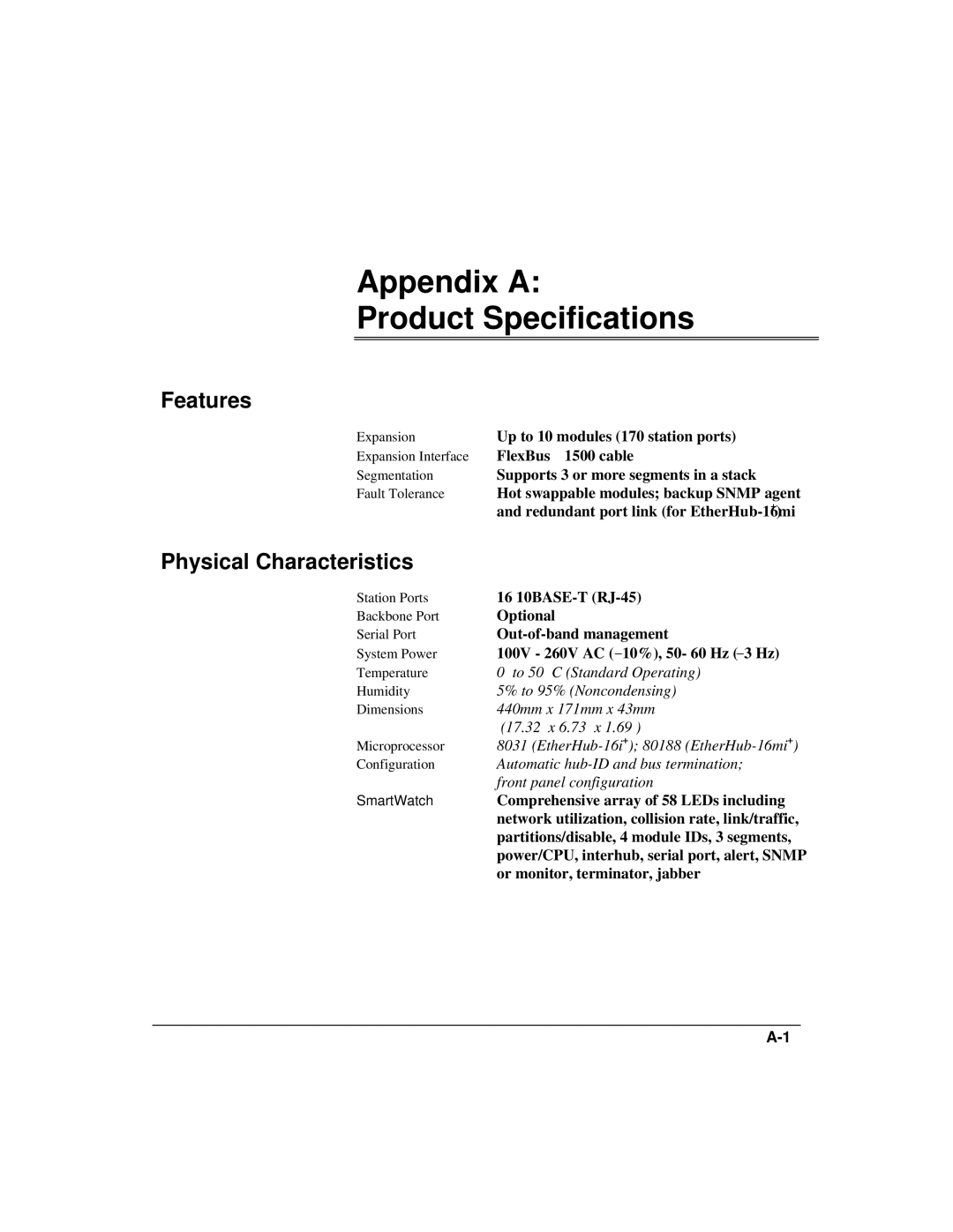 Accton Technology 1500 manual Appendix a Product Specifications, Features, Physical Characteristics 