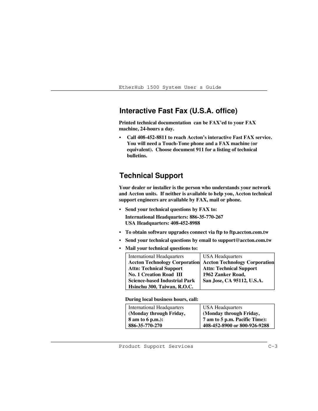 Accton Technology 1500 manual Interactive Fast Fax U.S.A. office, Technical Support 