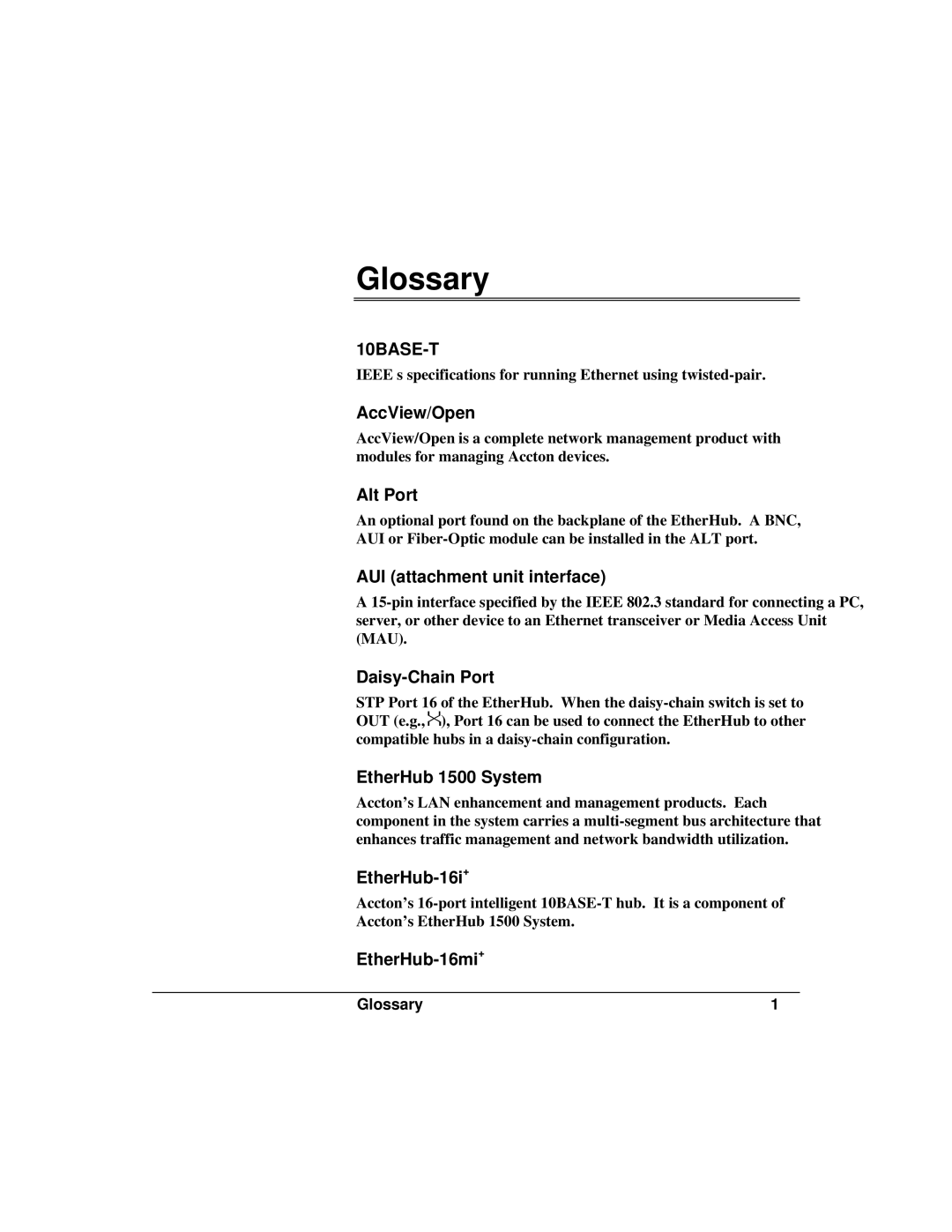 Accton Technology 1500 manual Glossary, 10BASE-T 