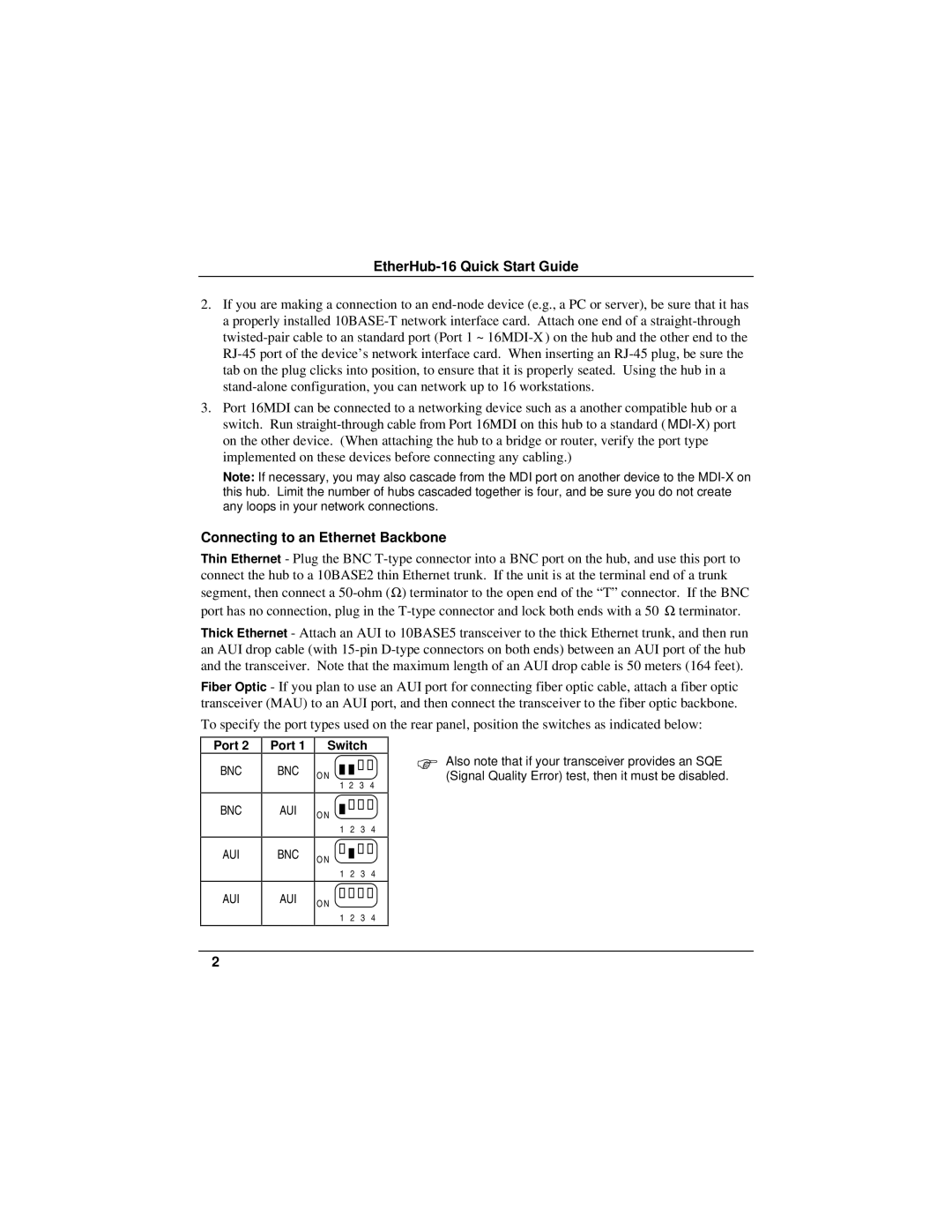 Accton Technology quick start EtherHub-16 Quick Start Guide, Connecting to an Ethernet Backbone 