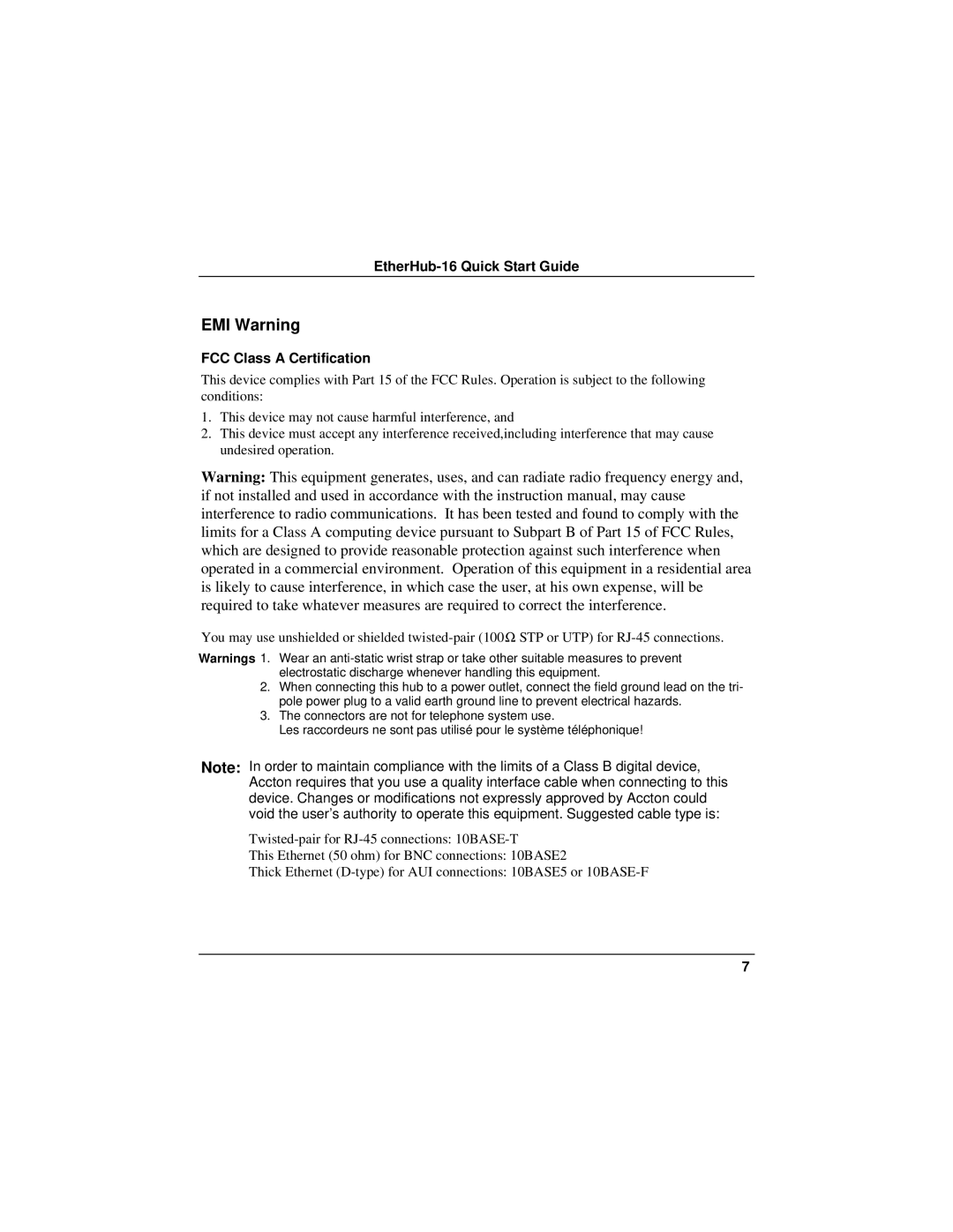 Accton Technology 16 quick start EMI Warning, FCC Class a Certification 