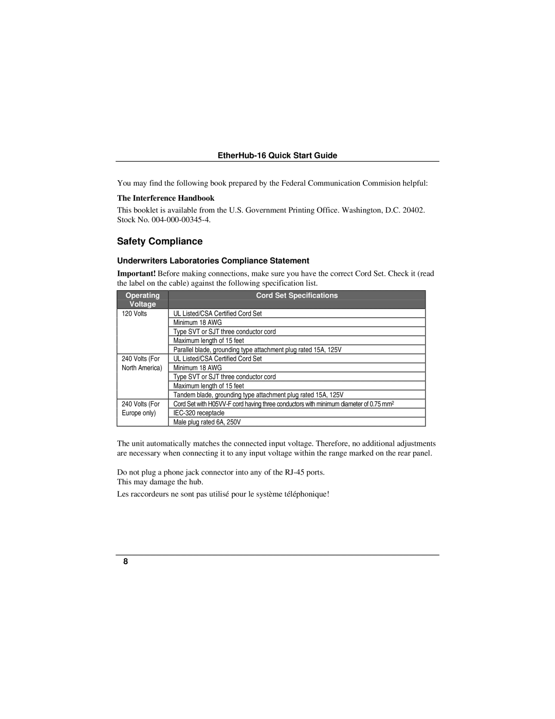 Accton Technology 16 quick start Safety Compliance, Interference Handbook, Underwriters Laboratories Compliance Statement 