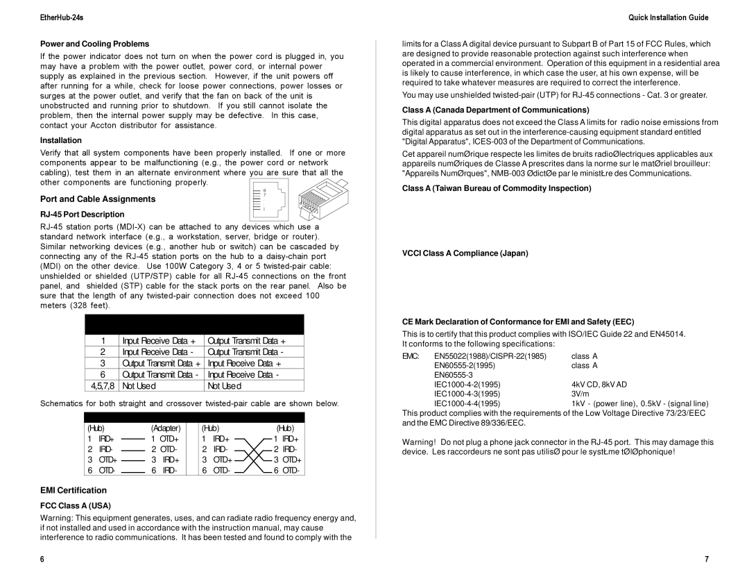 Accton Technology 24S manual Pin Assignment, Port, other device, Port and Cable Assignments, Straight-Through Crossover 