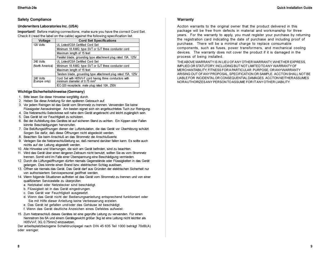 Accton Technology 24S EtherHub-24s Safety Compliance, Quick Installation Guide Warranty, Voltage Cord Set Specifications 