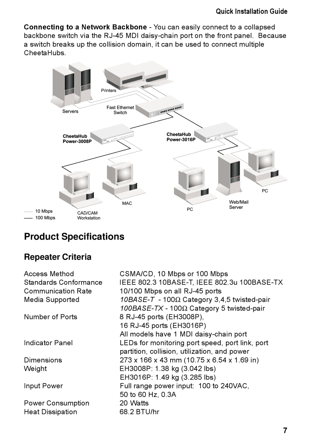 Accton Technology 3008P, 3016P manual Product Specifications, Repeater Criteria 