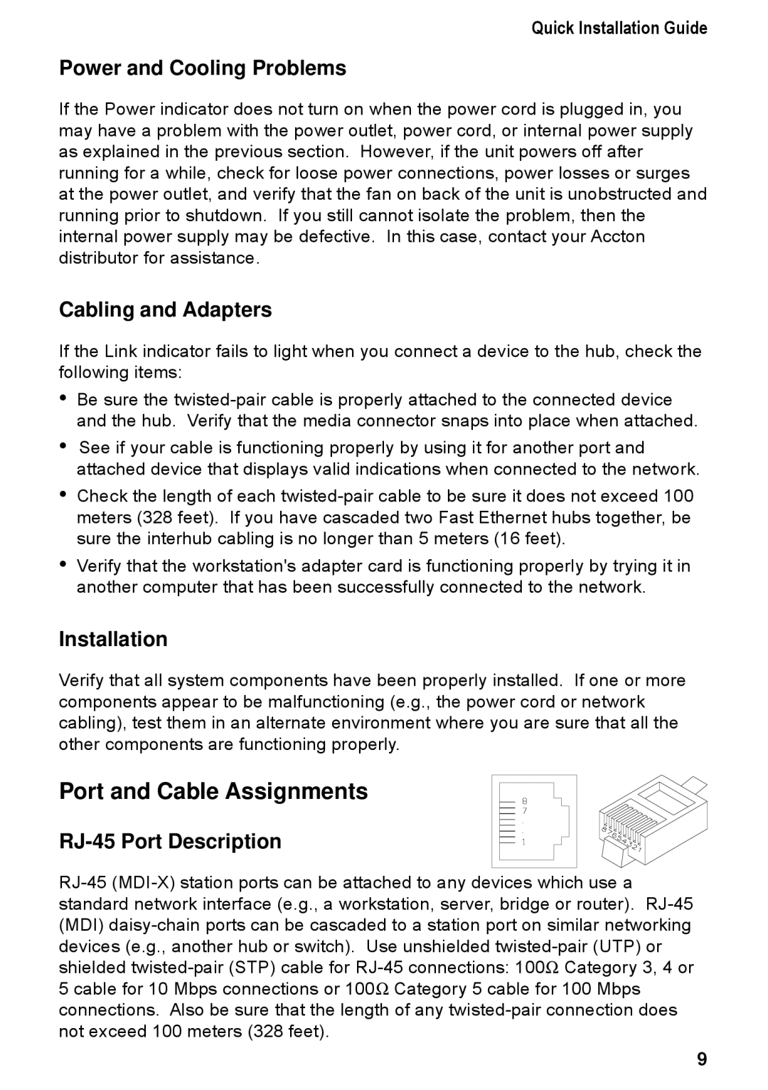 Accton Technology 3008P, 3016P Port and Cable Assignments, Power and Cooling Problems, Cabling and Adapters, Installation 