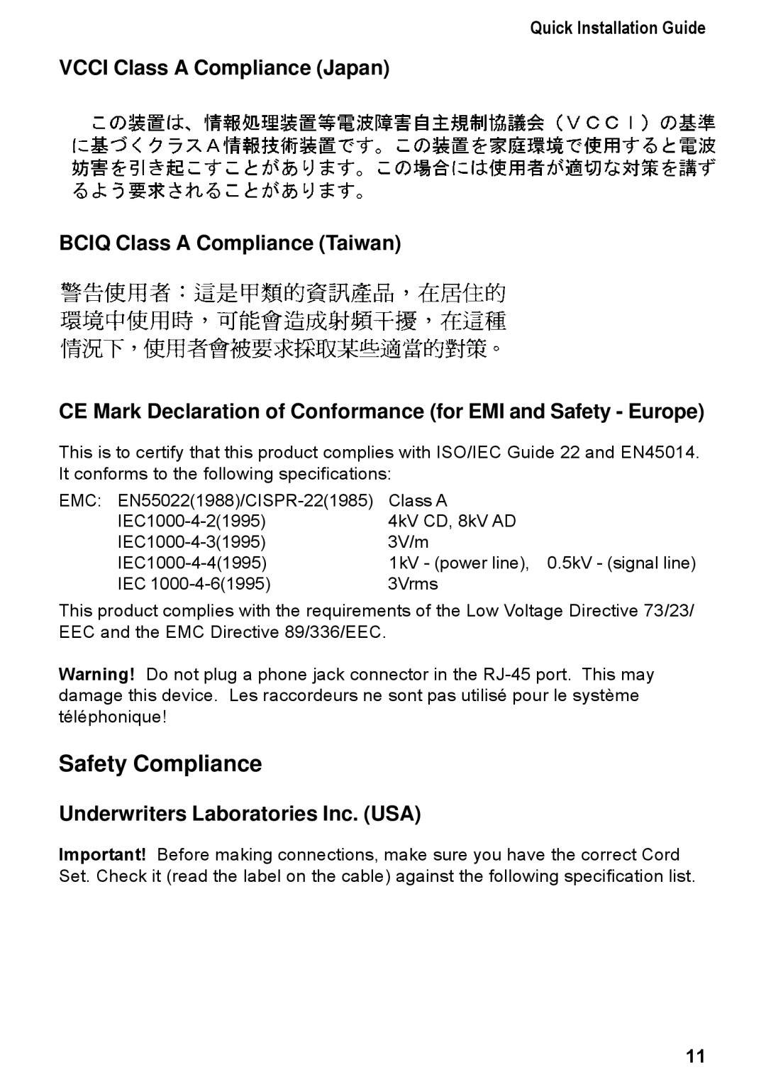 Accton Technology 3008P, 3016P manual Safety Compliance, Underwriters Laboratories Inc. USA 