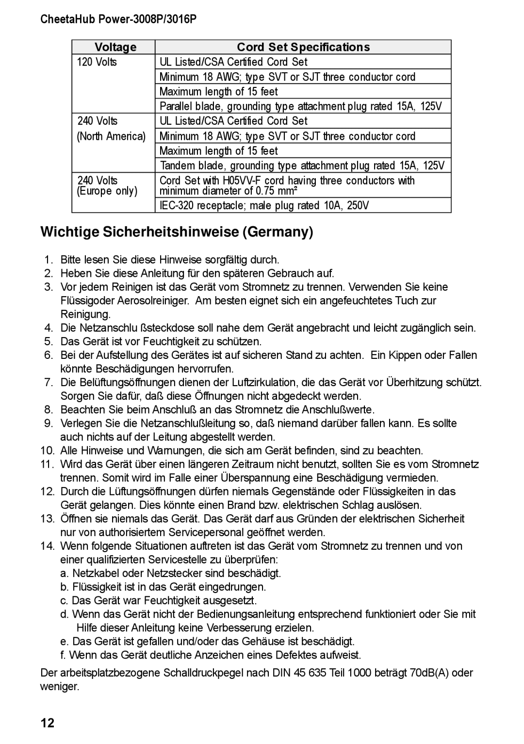 Accton Technology 3016P, 3008P manual Wichtige Sicherheitshinweise Germany, Voltage Cord Set Specifications 