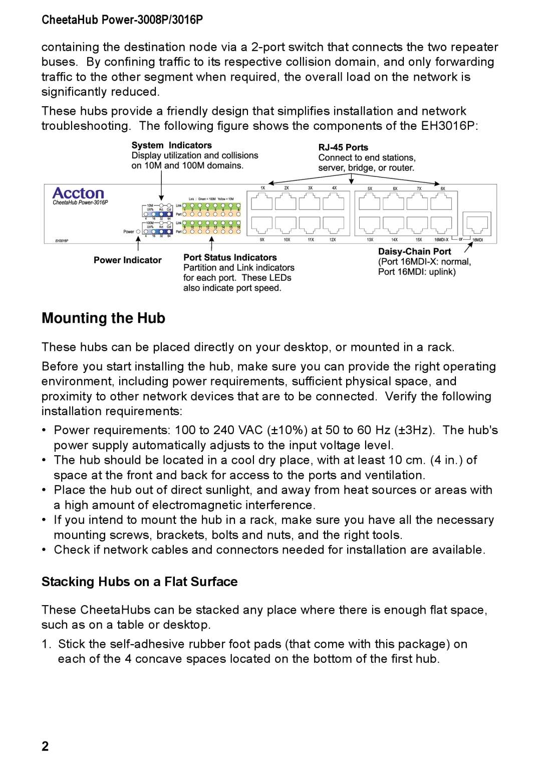 Accton Technology manual Mounting the Hub, CheetaHub Power-3008P/3016P 