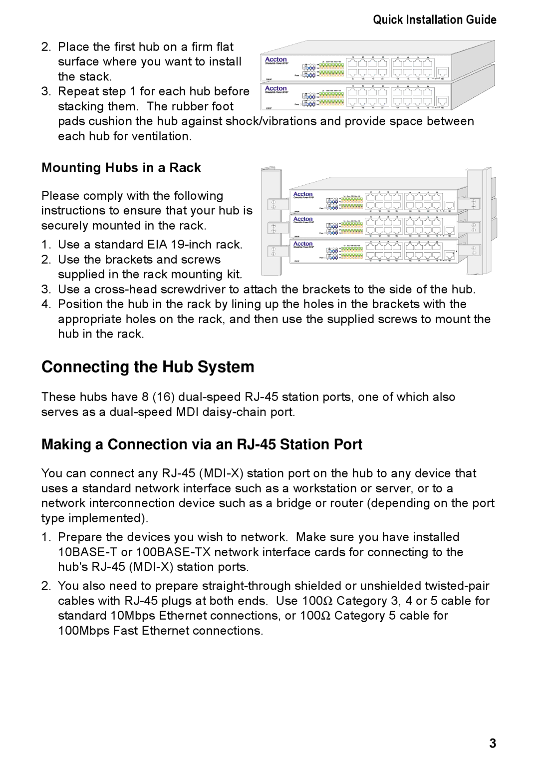 Accton Technology 3008P, 3016P manual Connecting the Hub System, Making a Connection via an RJ-45 Station Port 