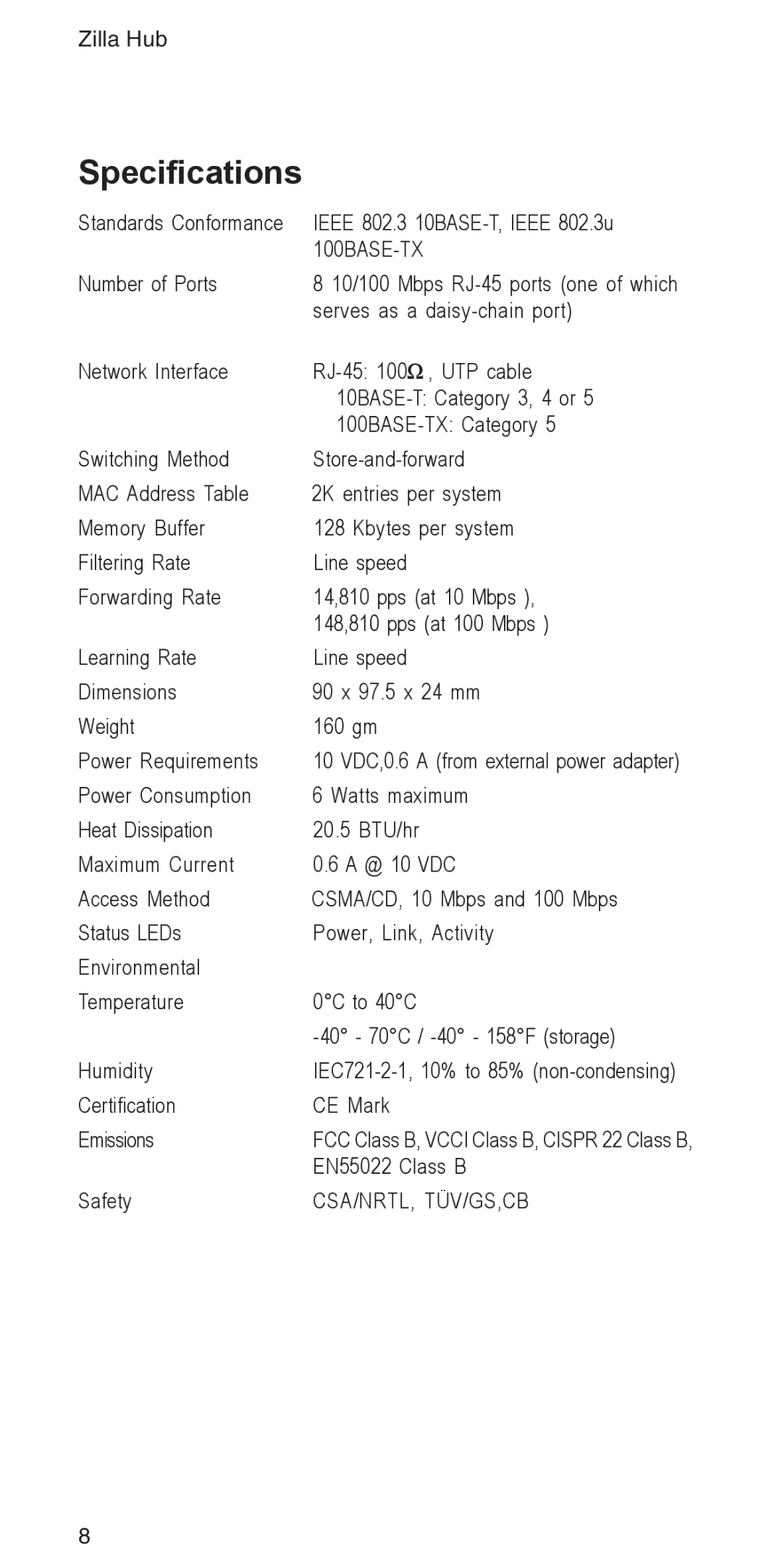 Accton Technology 3008R manual Specifications, 100BASE-TX 