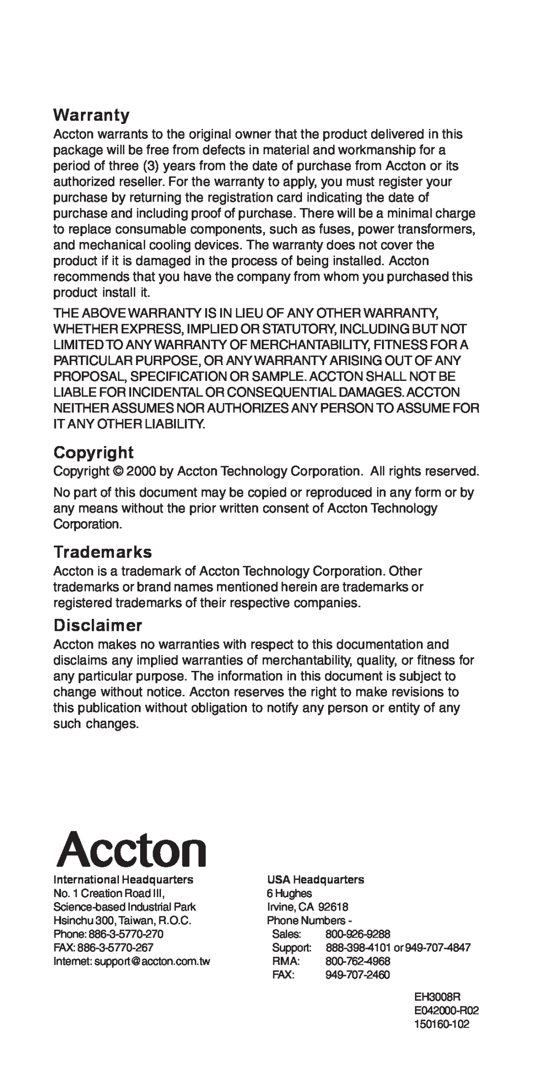 Accton Technology 3008R manual Warranty, Copyright, Trademarks, Disclaimer 