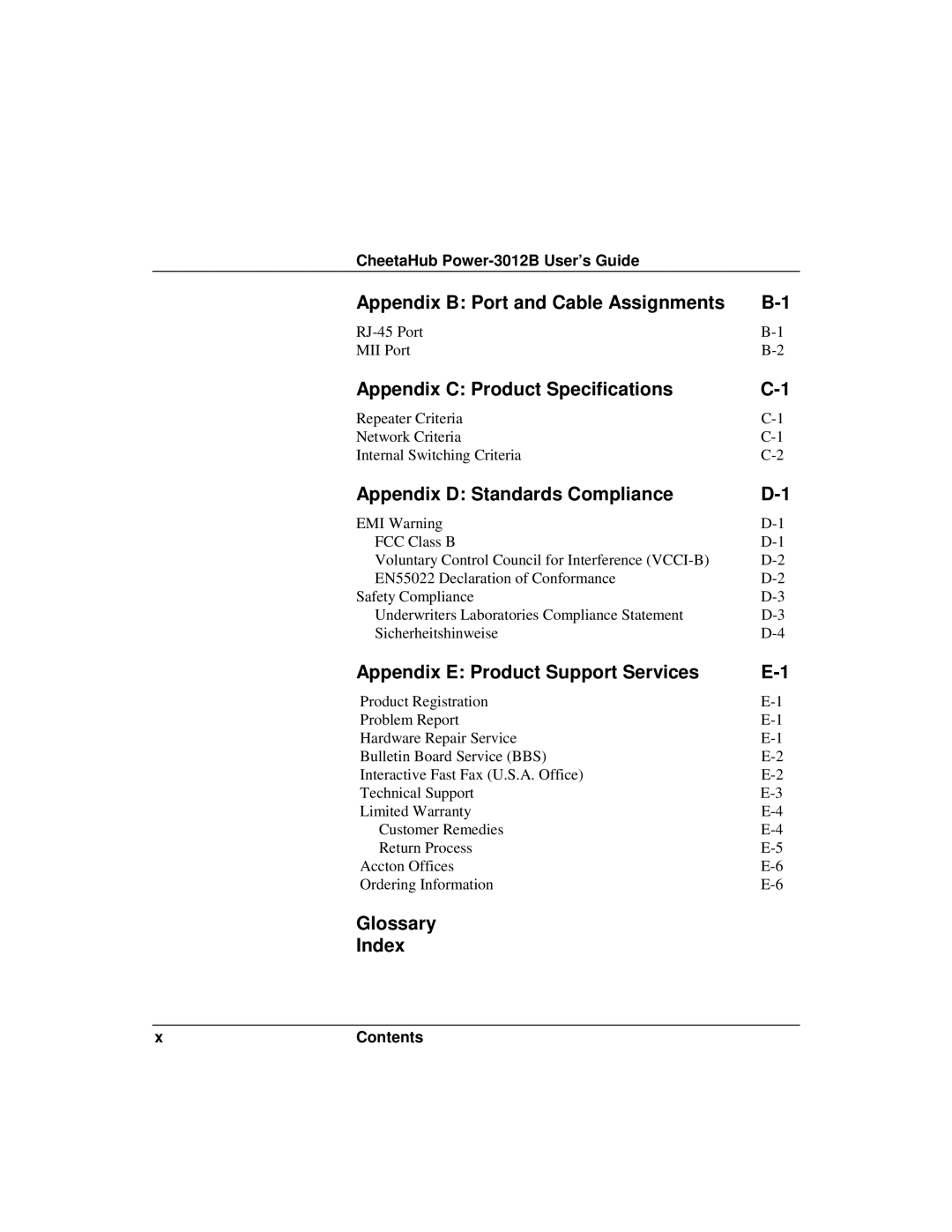 Accton Technology 3012B manual Appendix B Port and Cable Assignments, Appendix C Product Specifications, Glossary Index 