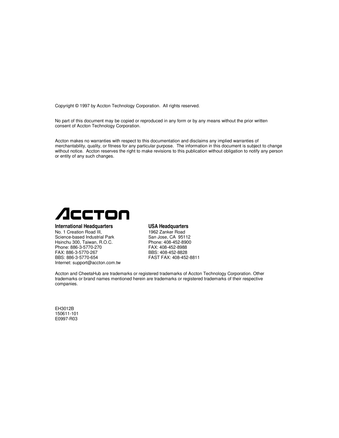 Accton Technology 3012B manual International Headquarters USA Headquarters 