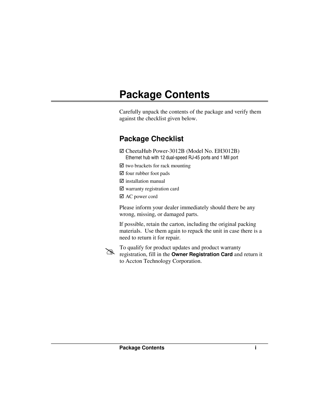 Accton Technology 3012B manual Package Contents 