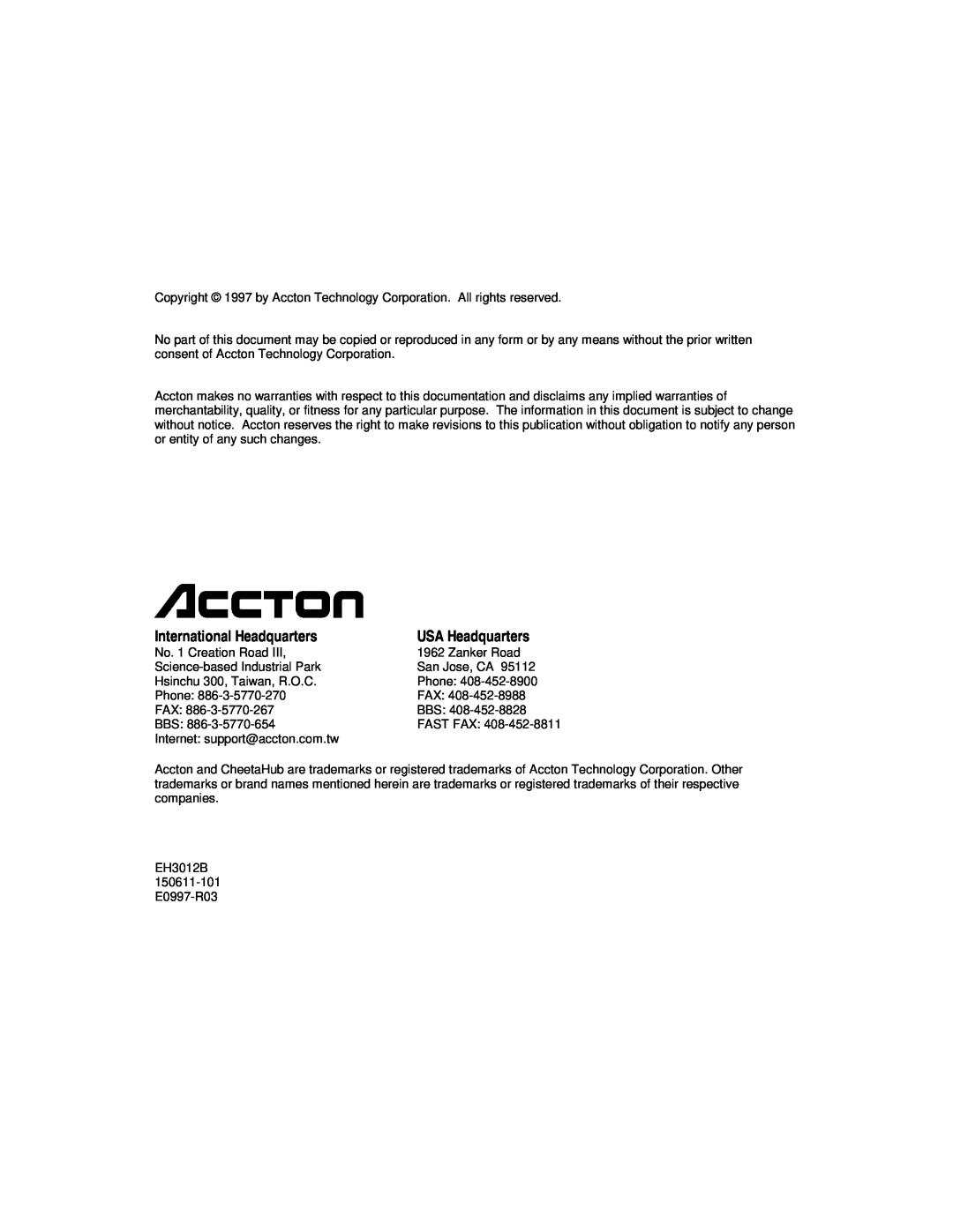 Accton Technology 3012B manual International Headquarters, USA Headquarters, Fast Fax 
