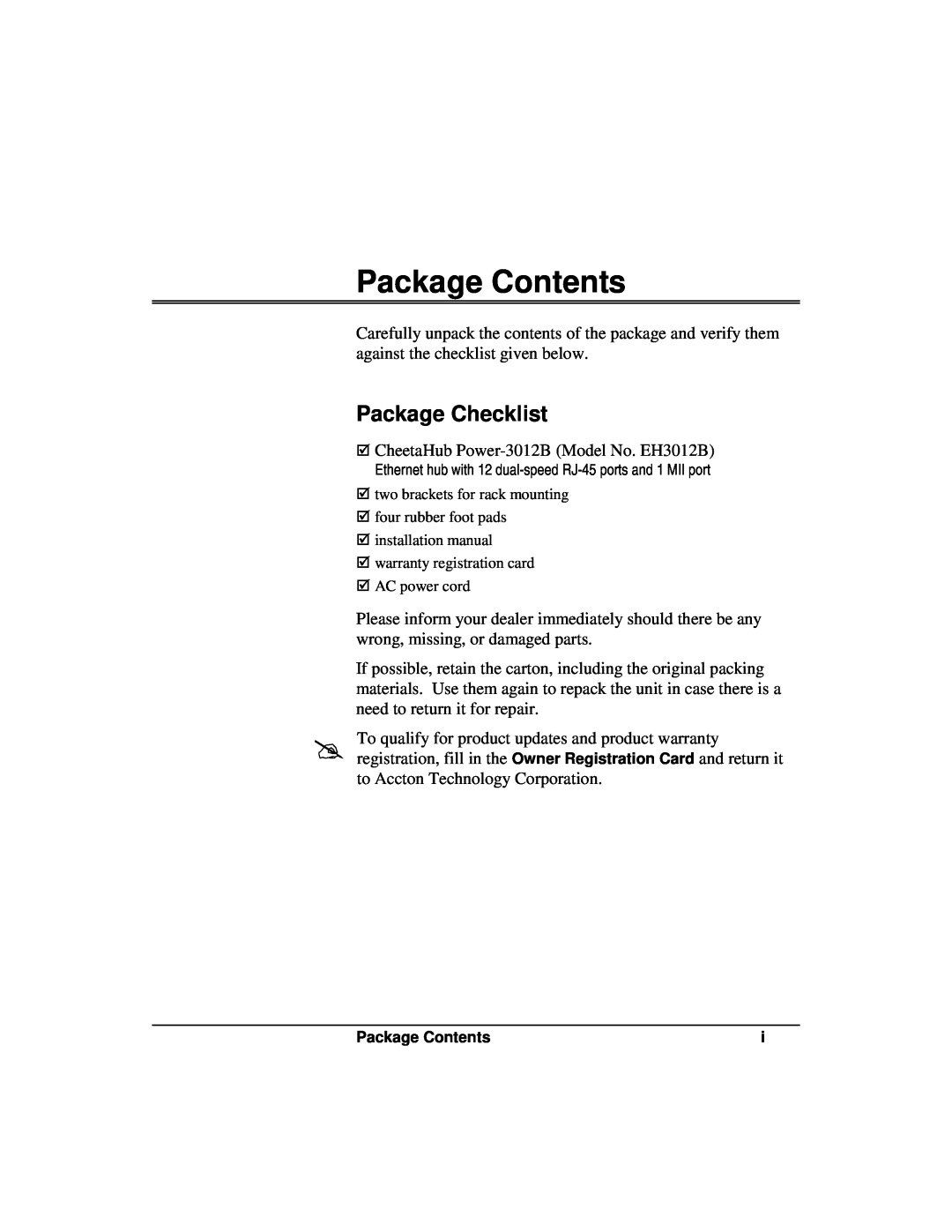 Accton Technology 3012B manual Package Contents, Package Checklist 