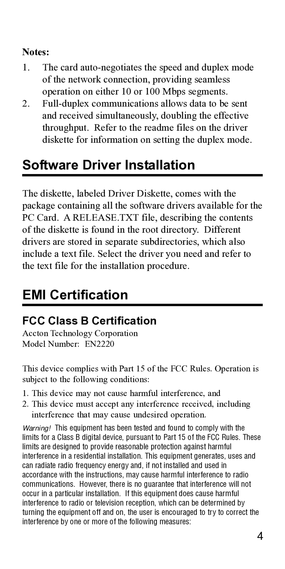 Accton Technology 32 specifications Software Driver Installation, EMI Certification, FCC Class B Certification 