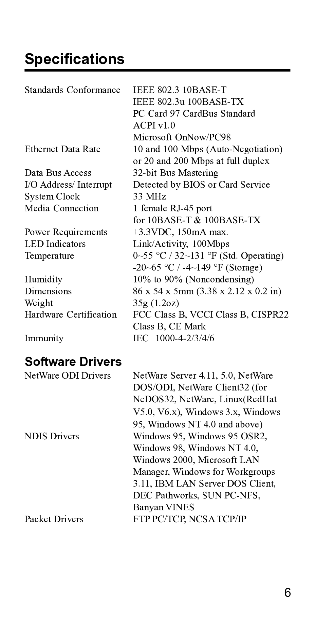 Accton Technology 32 specifications Specifications, Software Drivers 