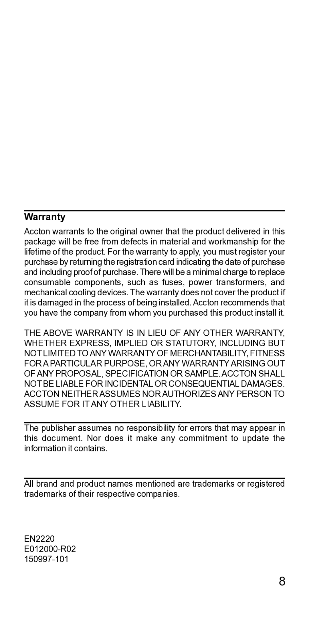 Accton Technology 32 specifications Warranty 