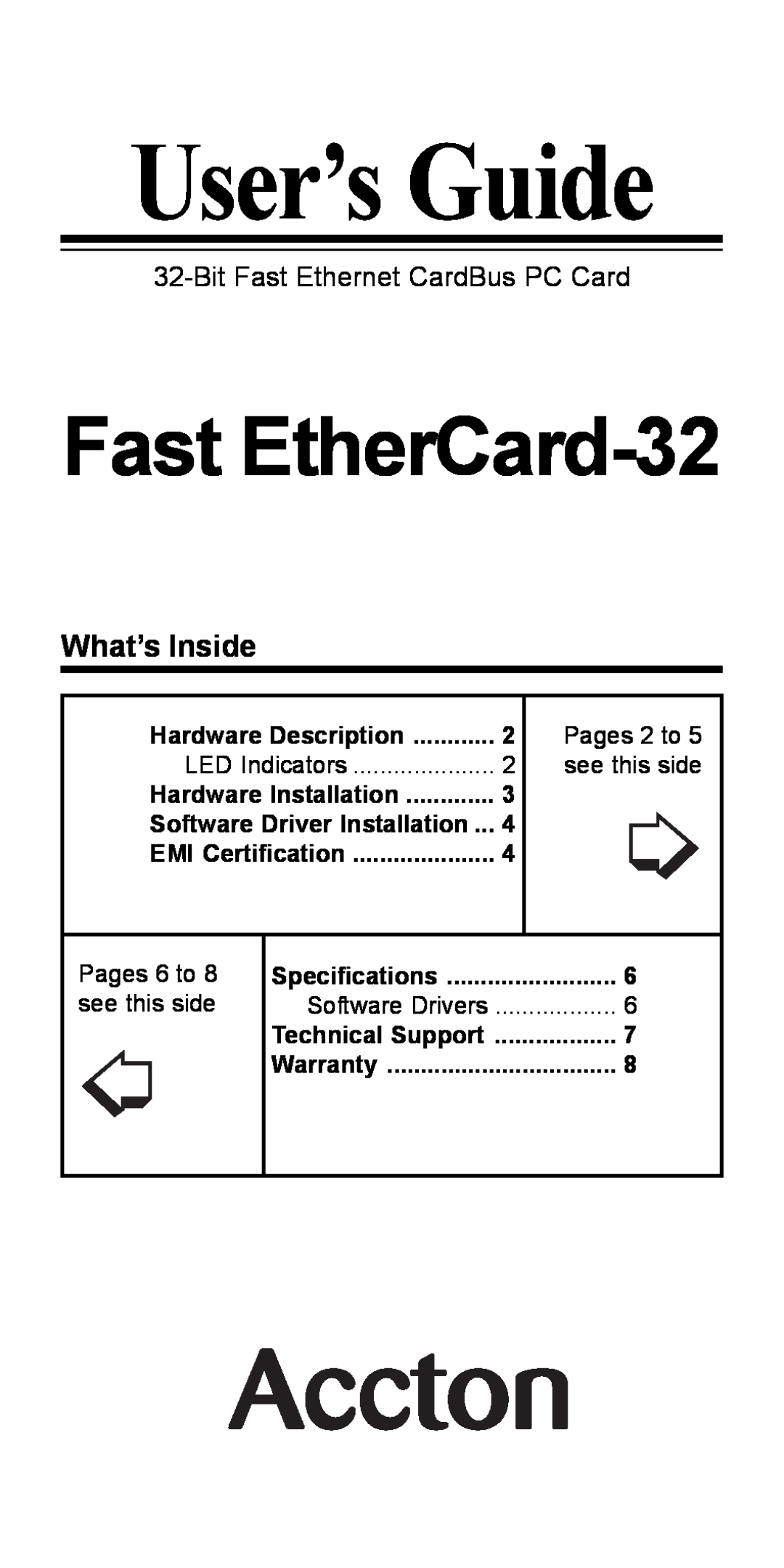 Accton Technology specifications What’s Inside, User’s Guide, Fast EtherCard-32, Bit Fast Ethernet CardBus PC Card 