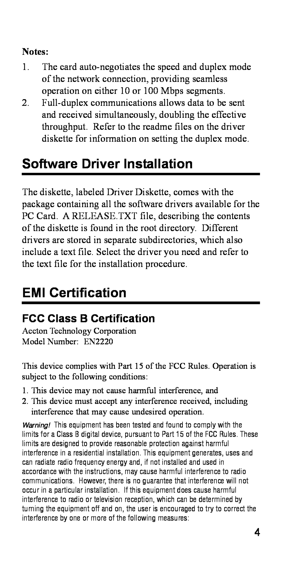 Accton Technology 32 specifications Software Driver Installation, EMI Certification, FCC Class B Certification 
