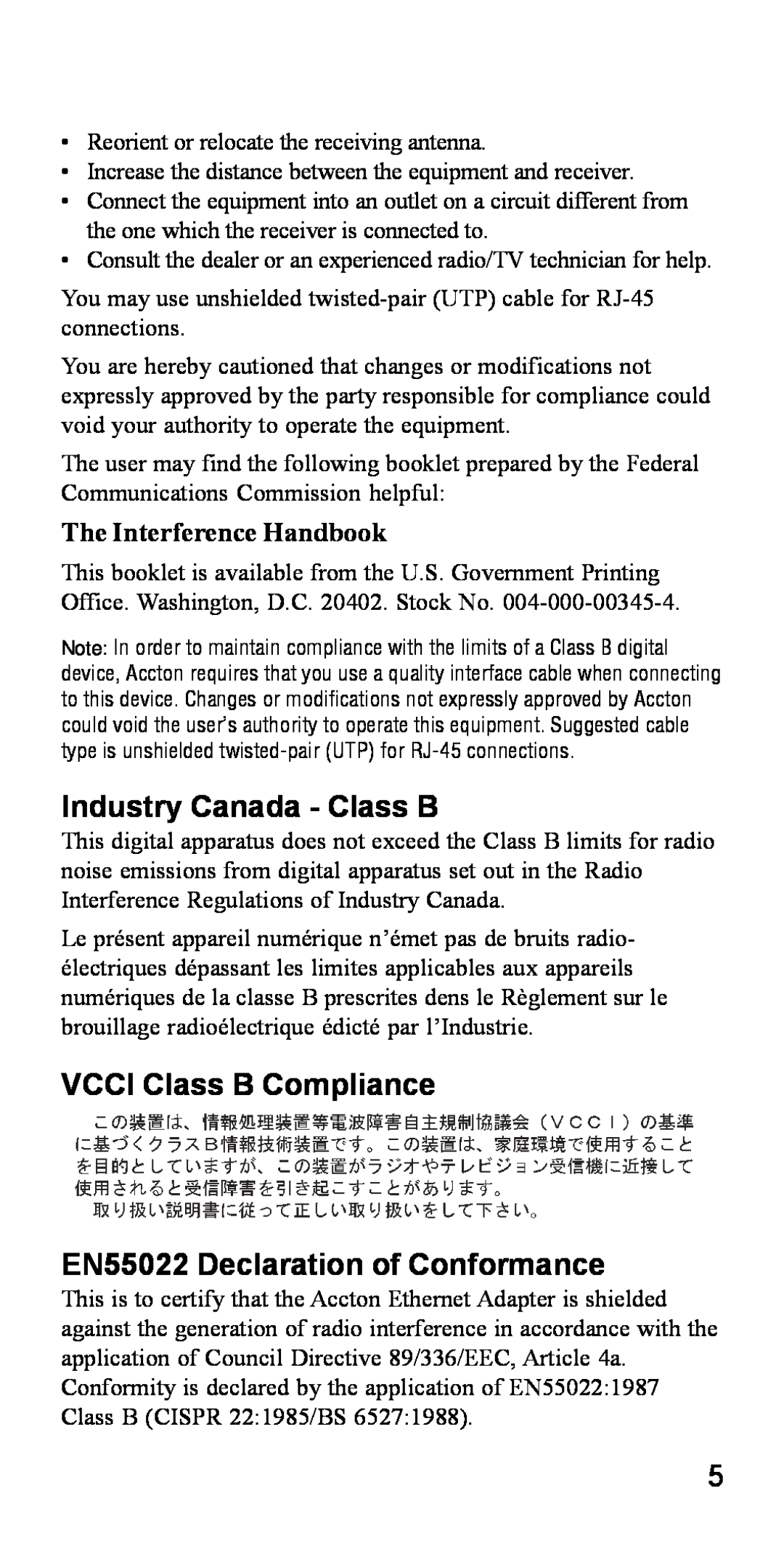 Accton Technology 32 specifications Industry Canada - Class B, VCCI Class B Compliance EN55022 Declaration of Conformance 