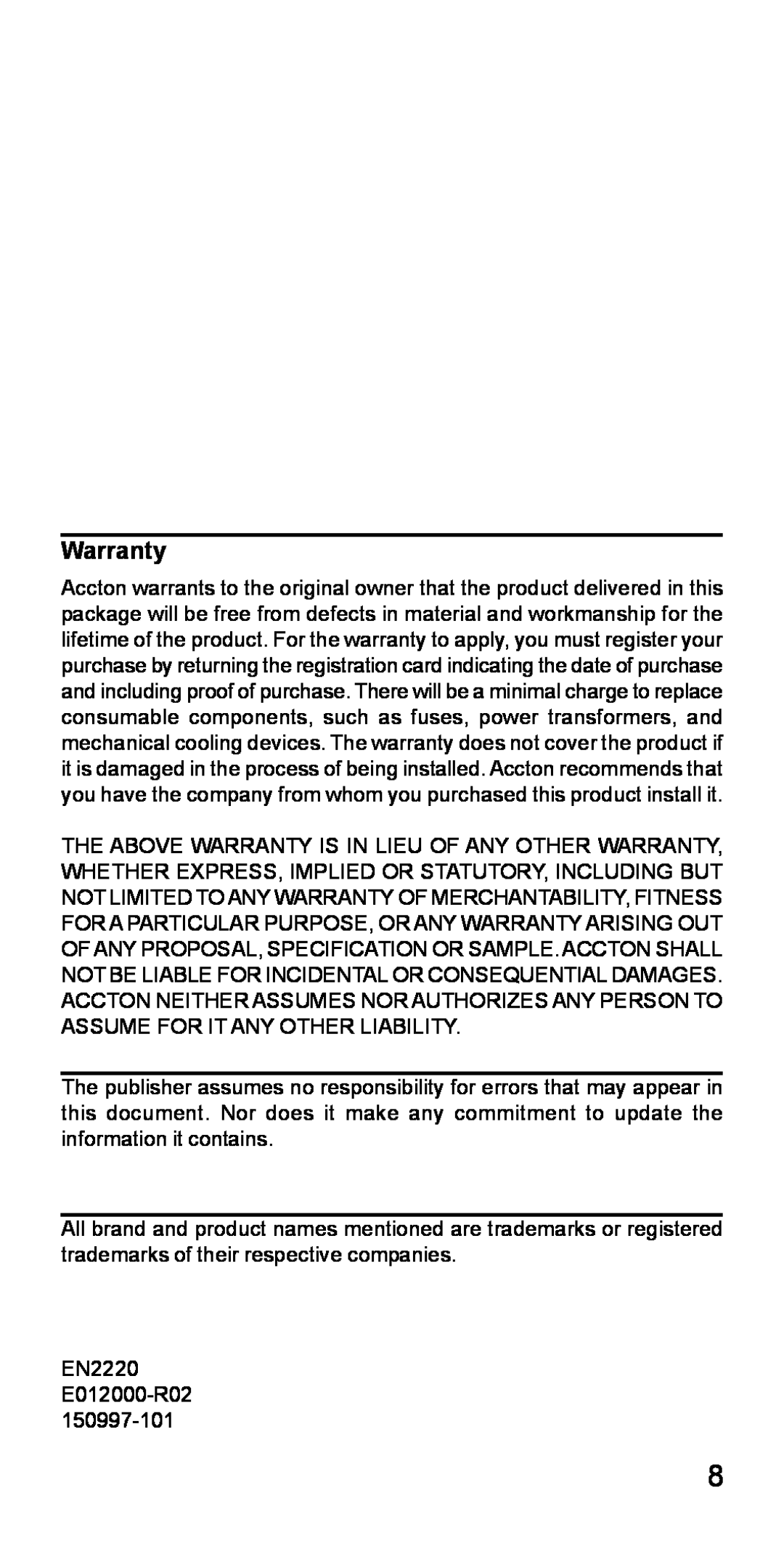 Accton Technology 32 specifications Warranty 