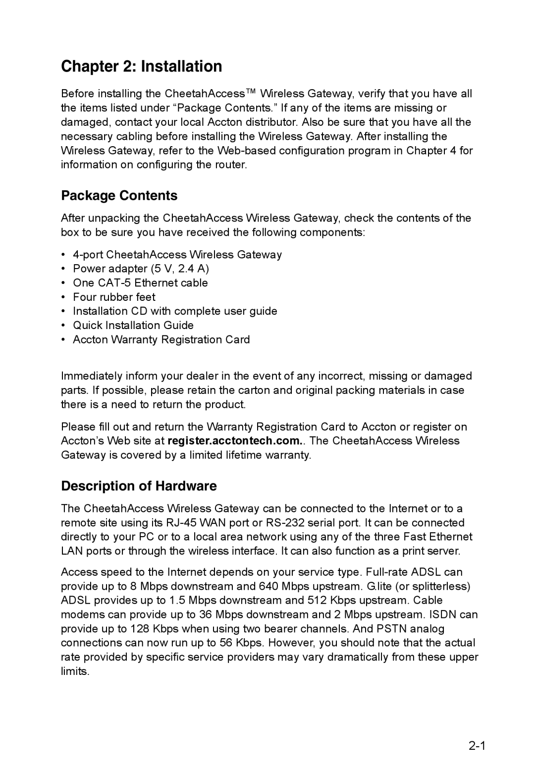 Accton Technology AC-IG2004W manual Installation, Package Contents, Description of Hardware 