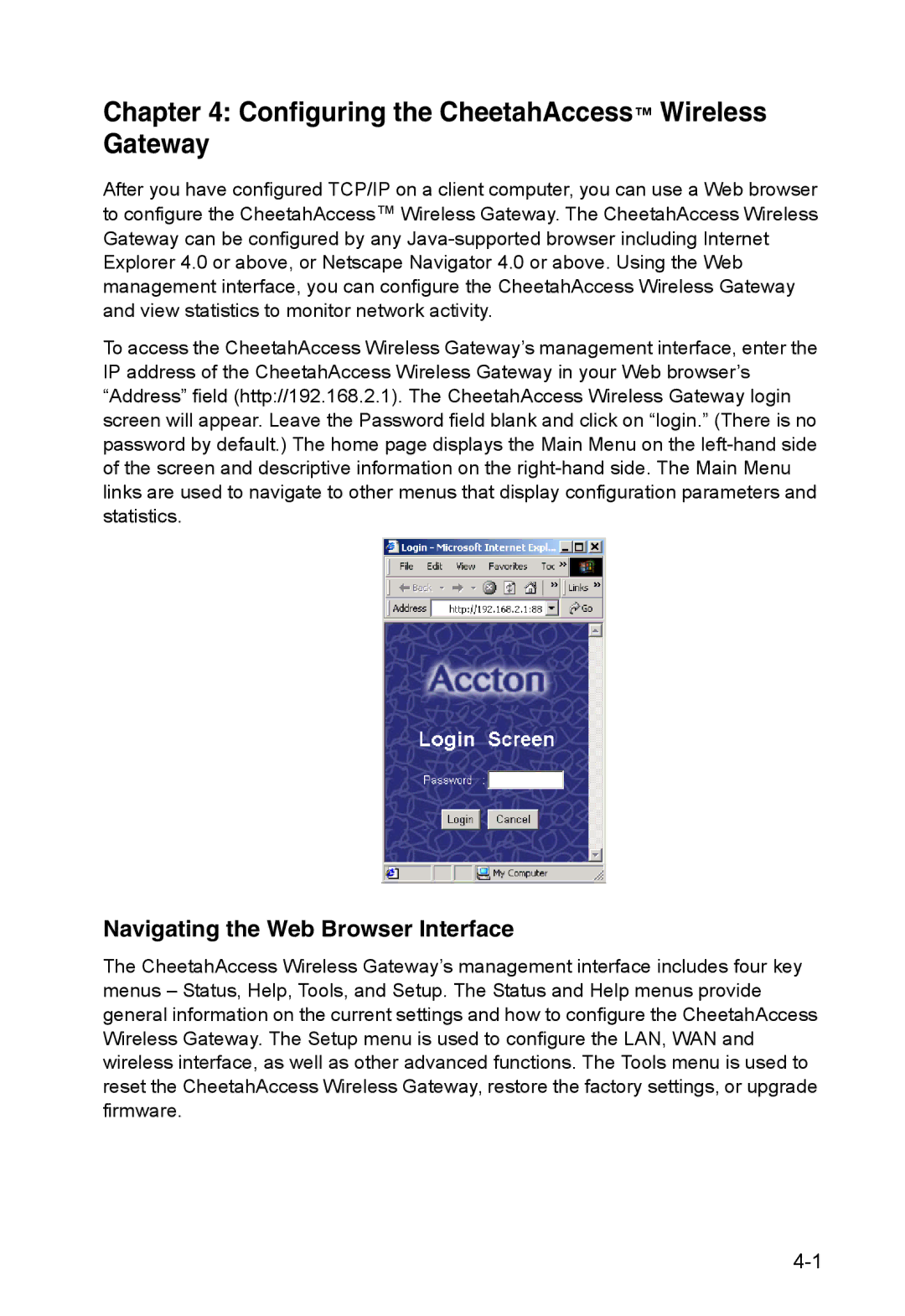 Accton Technology AC-IG2004W manual Configuring the CheetahAccess Wireless Gateway, Navigating the Web Browser Interface 