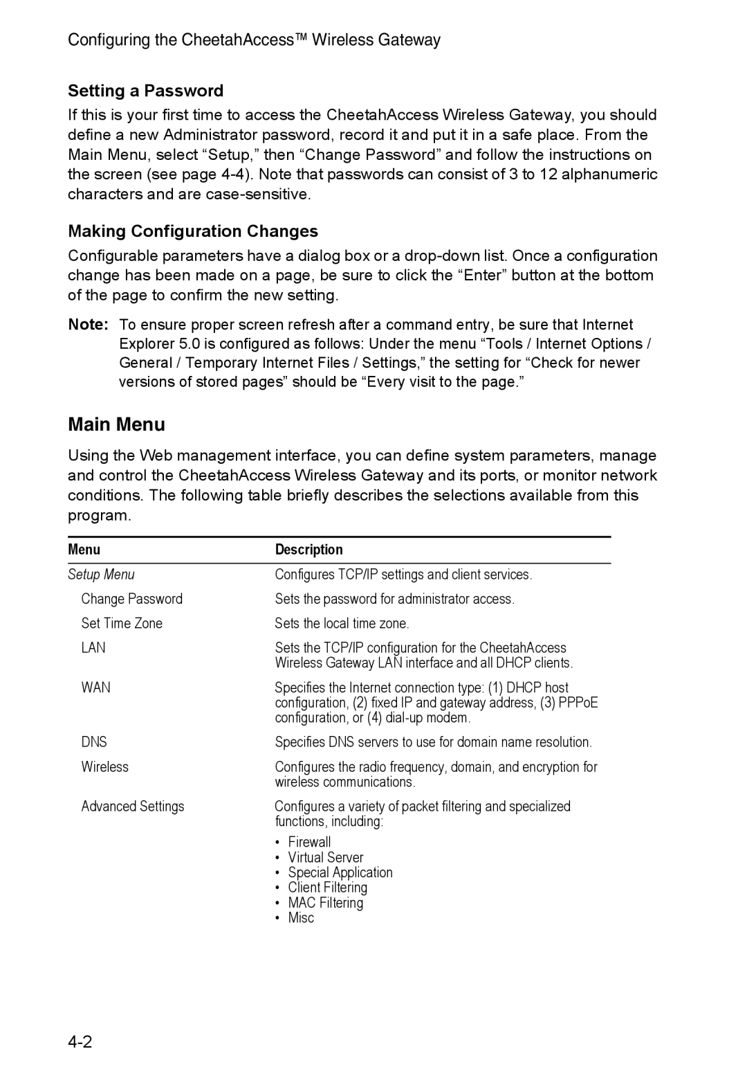 Accton Technology AC-IG2004W manual Main Menu, Configuring the CheetahAccess Wireless Gateway, Setting a Password 